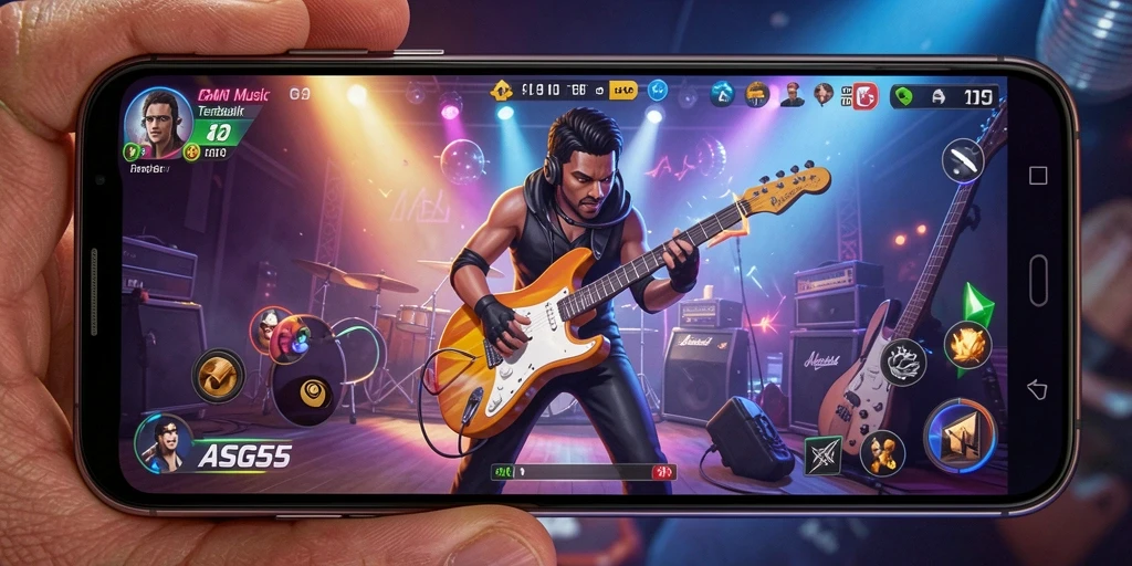 Tampilan antarmuka ASG55 dengan gameplay musik yang menarik.