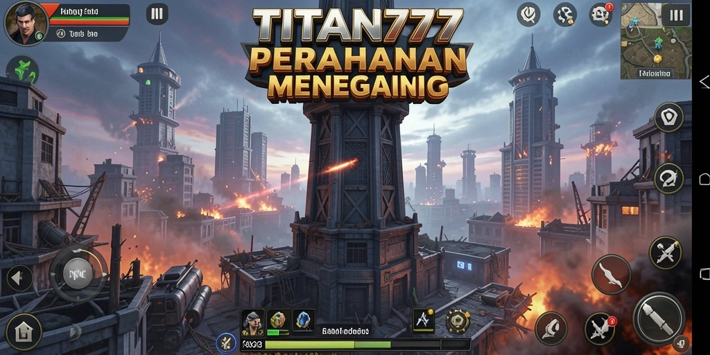 Tampilan gameplay menegangkan di TITAN777 dengan strategi pertahanan menara.
